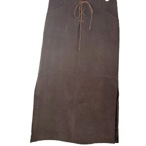 Vintage 90s Exact Change Brown Faux Suede Lace-Up Maxi Skirt Boho Western Size 7